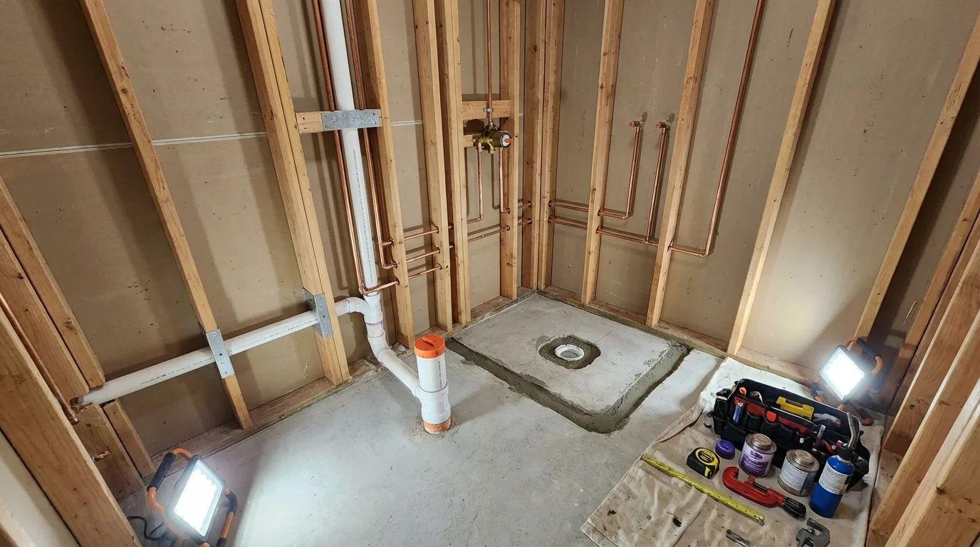 Bathroom rough-in plumbing during remodel by Johns Plumbing LLC in Wheelersburg