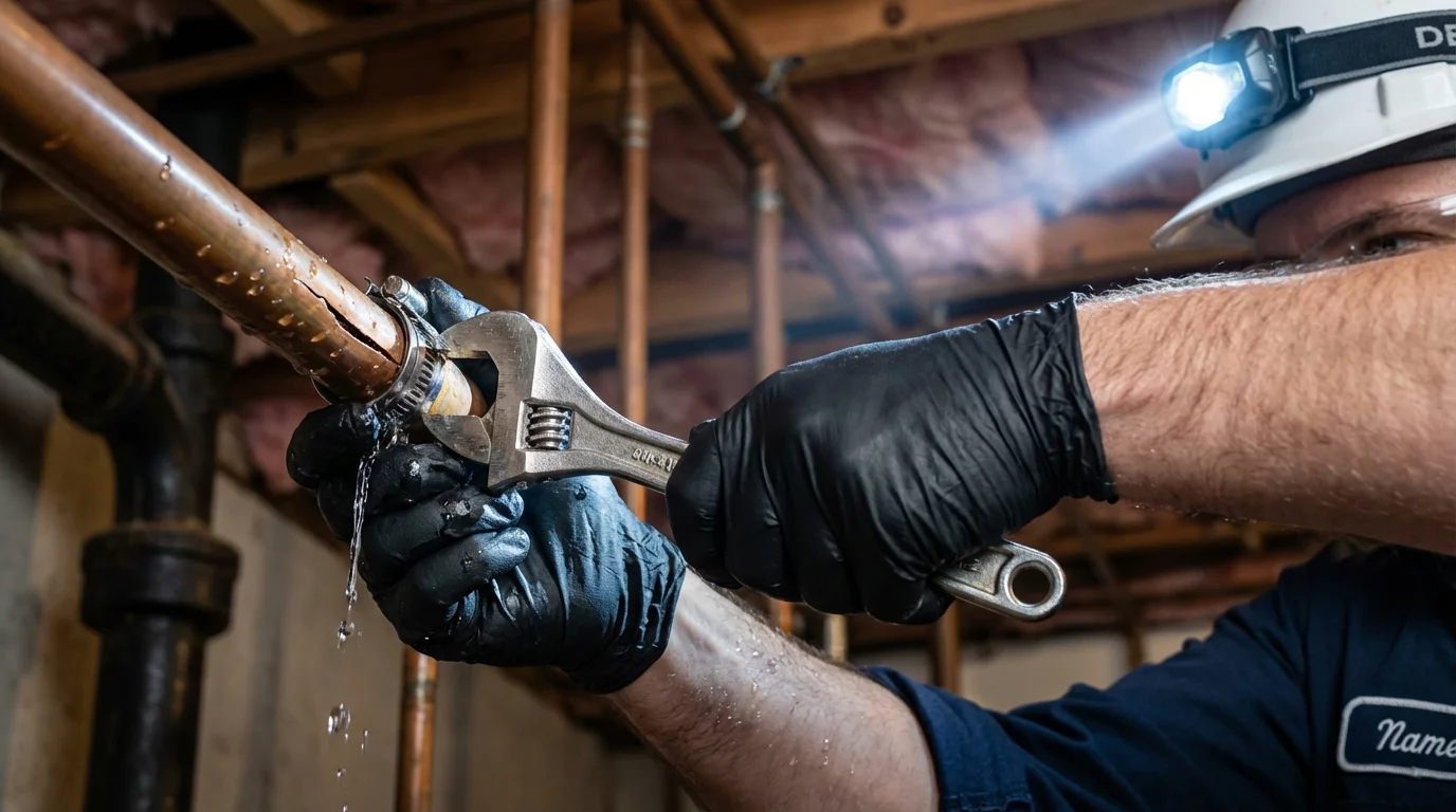 Emergency pipe clamp repair being performed by a Johns Plumbing LLC plumber in Wheelersburg