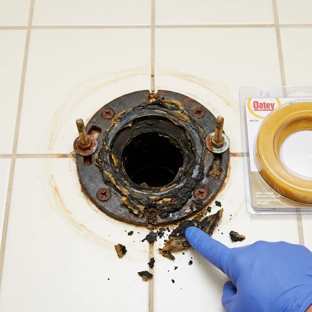 Failed wax ring showing water seepage at the base of a toilet in a Wheelersburg, OH home