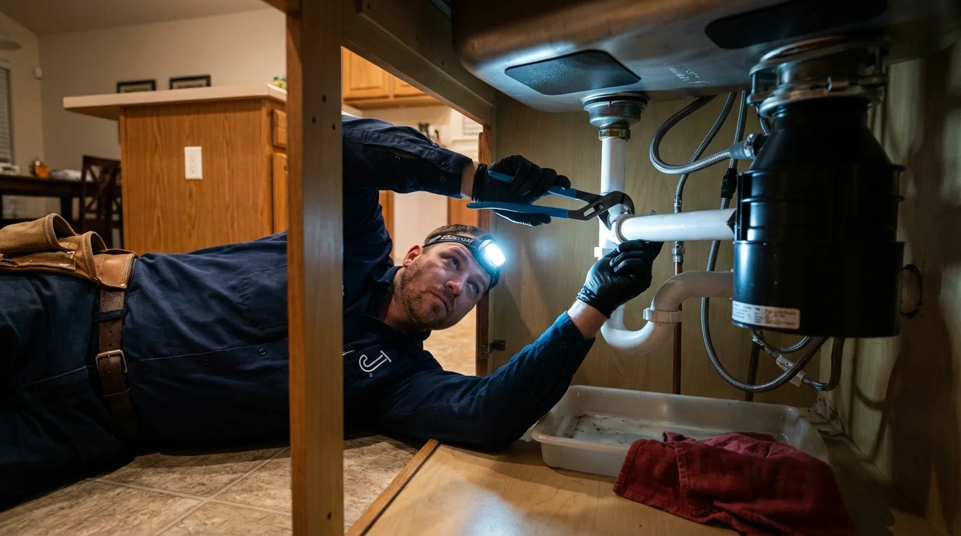 P-trap and supply line connections under a kitchen sink showing a common leak point in Wheelersburg, OH